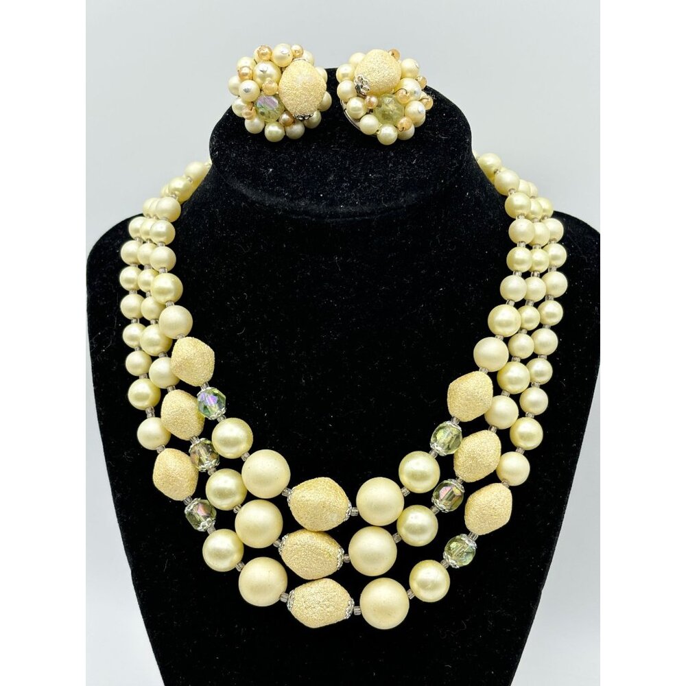 1950s Japan 3-Strand Crystal Faux Pearl Gold Sugar Bead Necklace Earrings